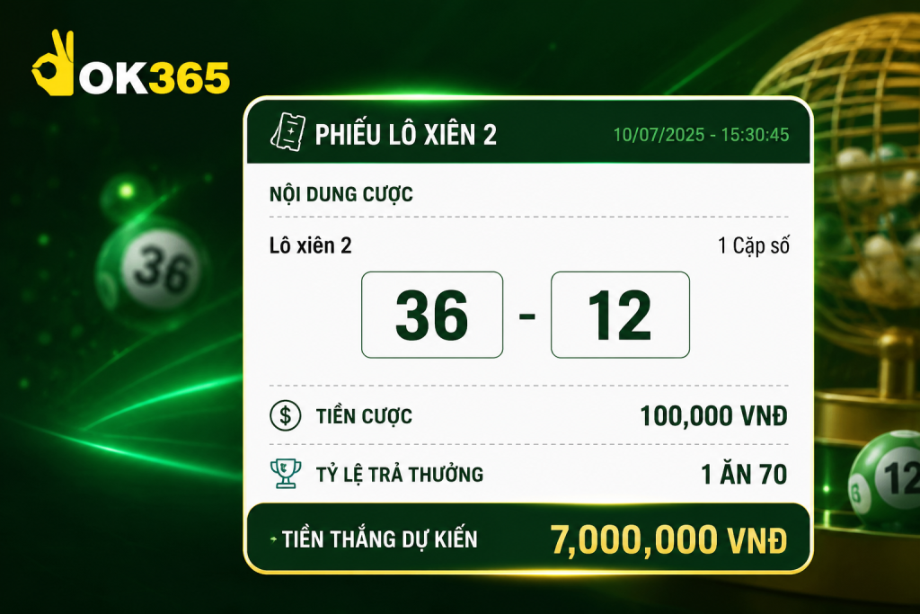 Phiếu lô xiên 2 hiển thị hai con số được chọn, tiền cược và tỷ lệ trả thưởng, 