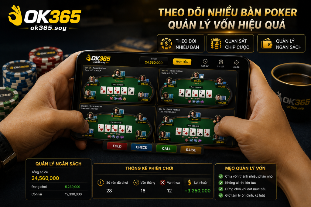 Người chơi theo dõi nhiều bàn Poker trên điện thoại, quan sát chip cược và quản lý ngân sách tại OK365.
